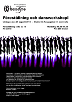 Flyer om föreställning och dansworkshop i Uddevalla 25 augusti 2012